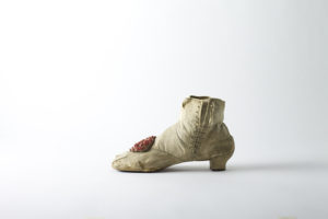 Shattered silk side lace ankle boot c. 1860’s. Exhibition category – Fragility resized London College of Fashion presents Footnotes: Intimate Stories of Shoes at Sutton House Opening on Wednesday 9 May 2018 Sutton House, 2 and 4 Homerton High Street, Hackney, London E9 6JQ